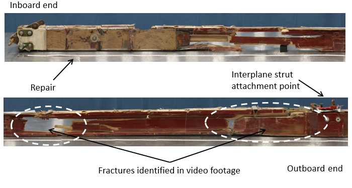 Figure 26: Inboard two thirds of the front face of the lower left wing front spar (showing fractures)